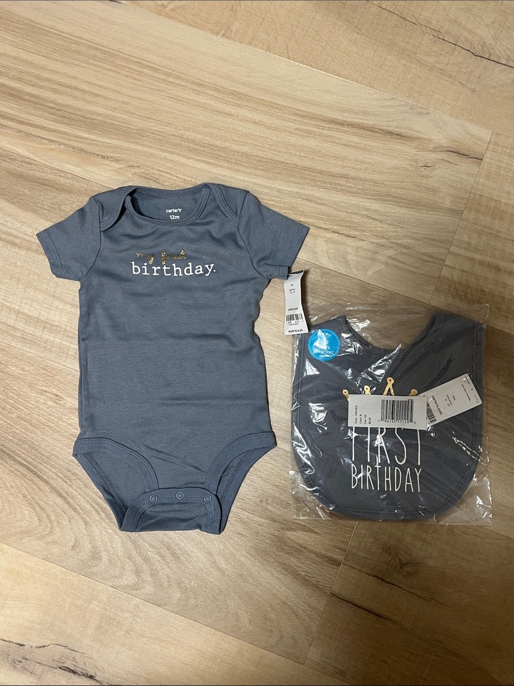 Carter's Blue/Gray “my first birthday." Baby Onesie & Bib Set